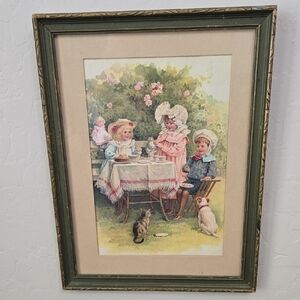 Antique Victorian Lithograph Tea Party Cat & Dog Wire Hanger Green Frame 1970s